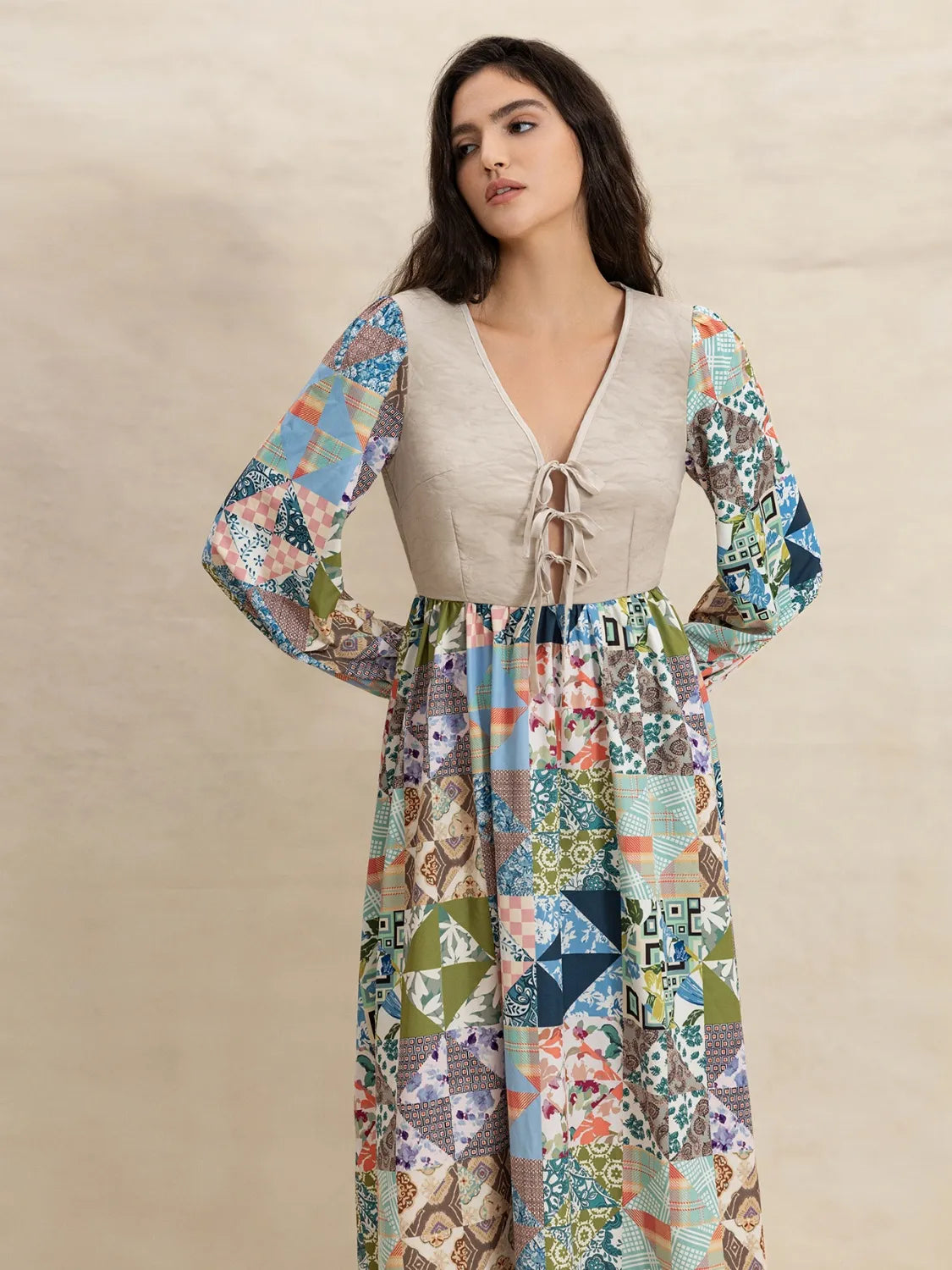 Tied Front Printed Long Sleeve Maxi Dress