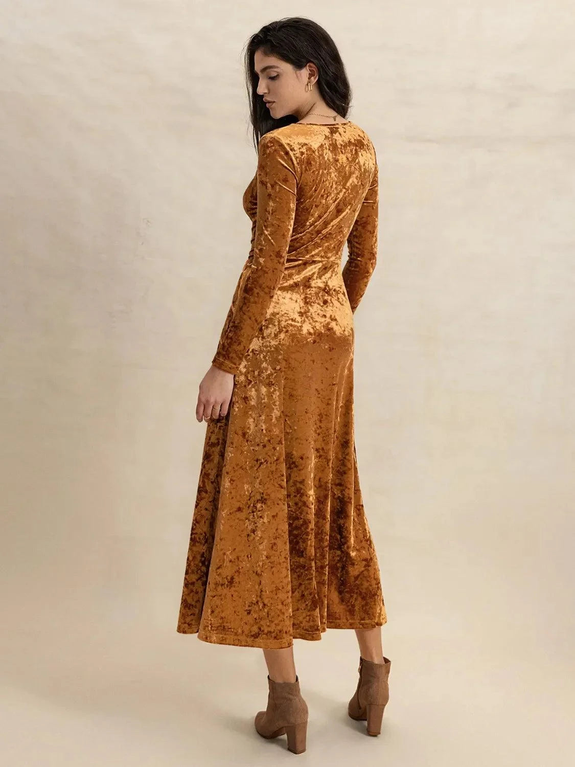 V-Neck Long Sleeve Midi Dress