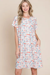 BOMBOM Printed Round Neck Short Sleeve Tee Dress