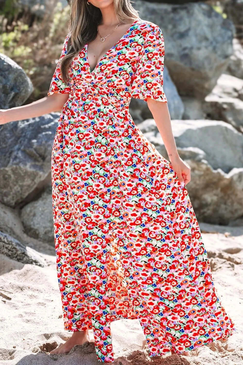 Floral Half Sleeve Deep V Neck Cutout Back Maxi Dress