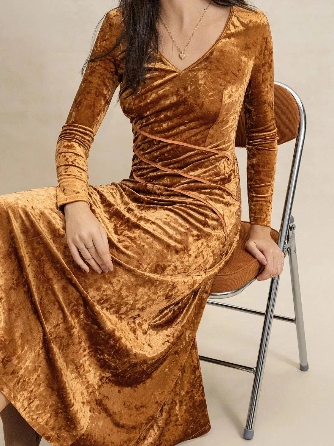 V-Neck Long Sleeve Midi Dress