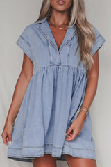Lapel neck cap sleeve denim babydoll dress with no stretch.
