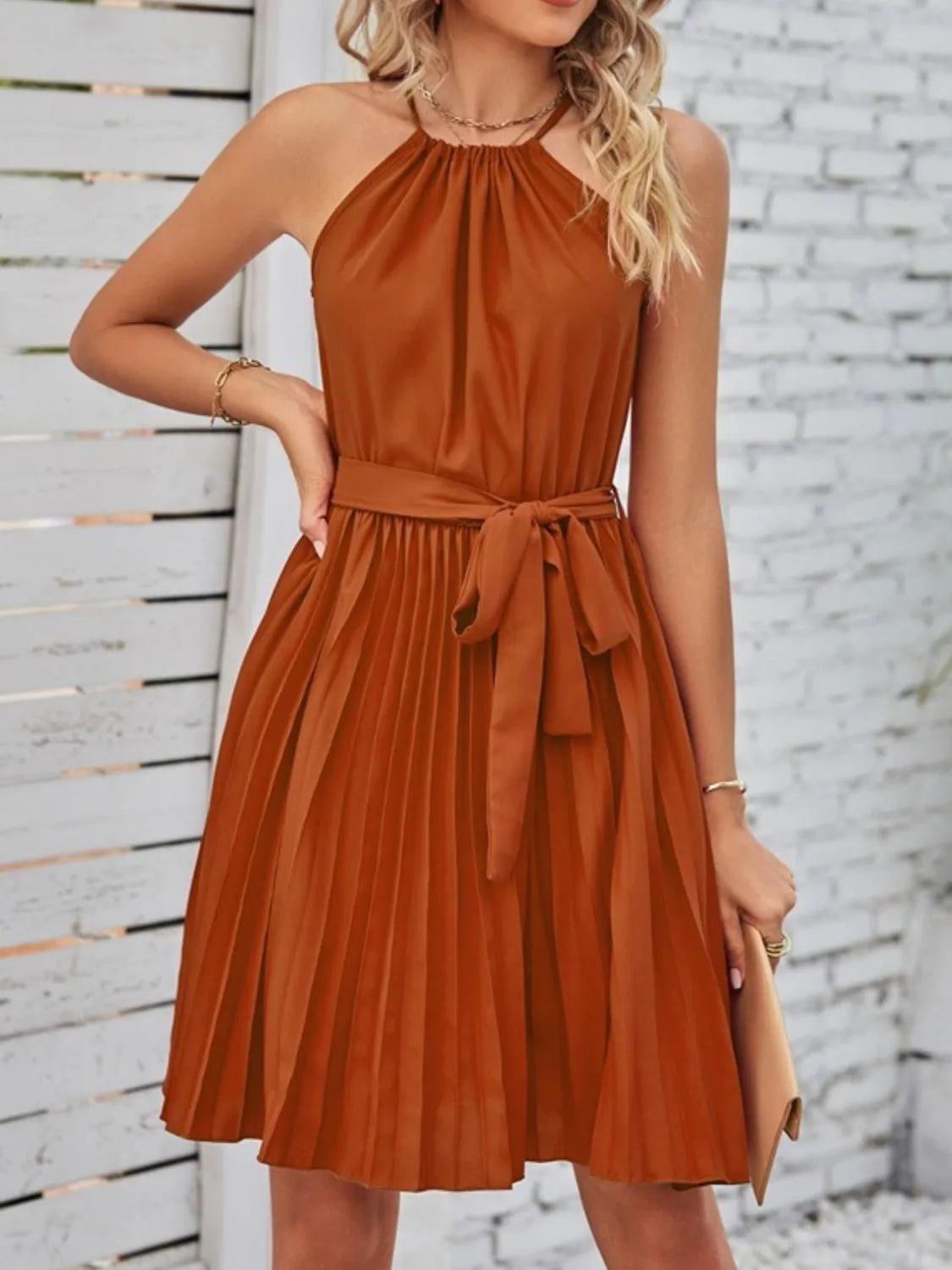 Pleated Tie Waist Sleeveless Mini Dress