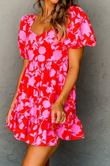 Floral Puff Sleeve Sweetheart Neck Ruffled Mini Dress