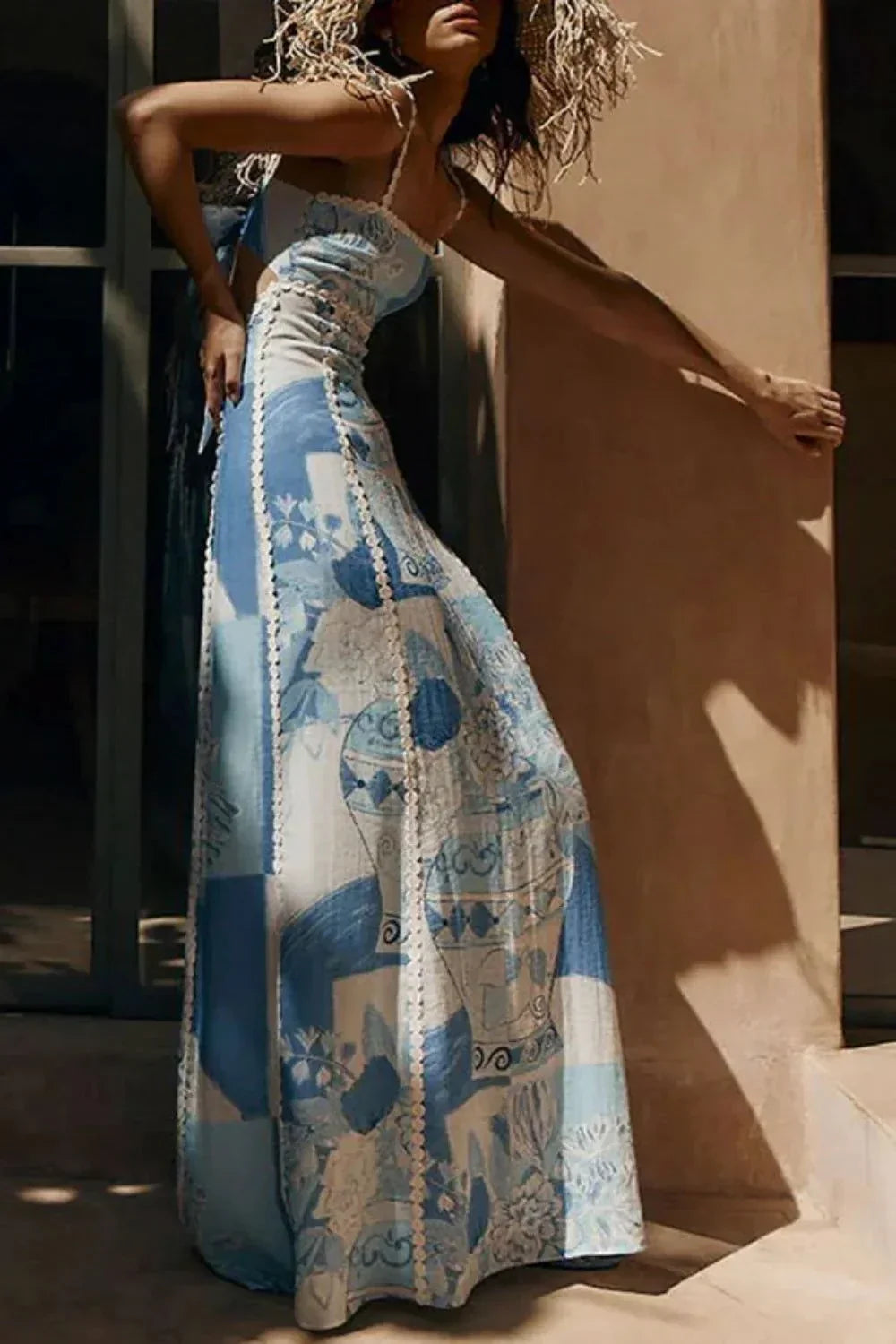 Cutout Back Printed Square Neck Maxi Dress