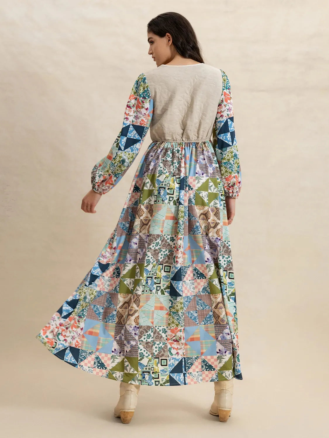 Tied Front Printed Long Sleeve Maxi Dress