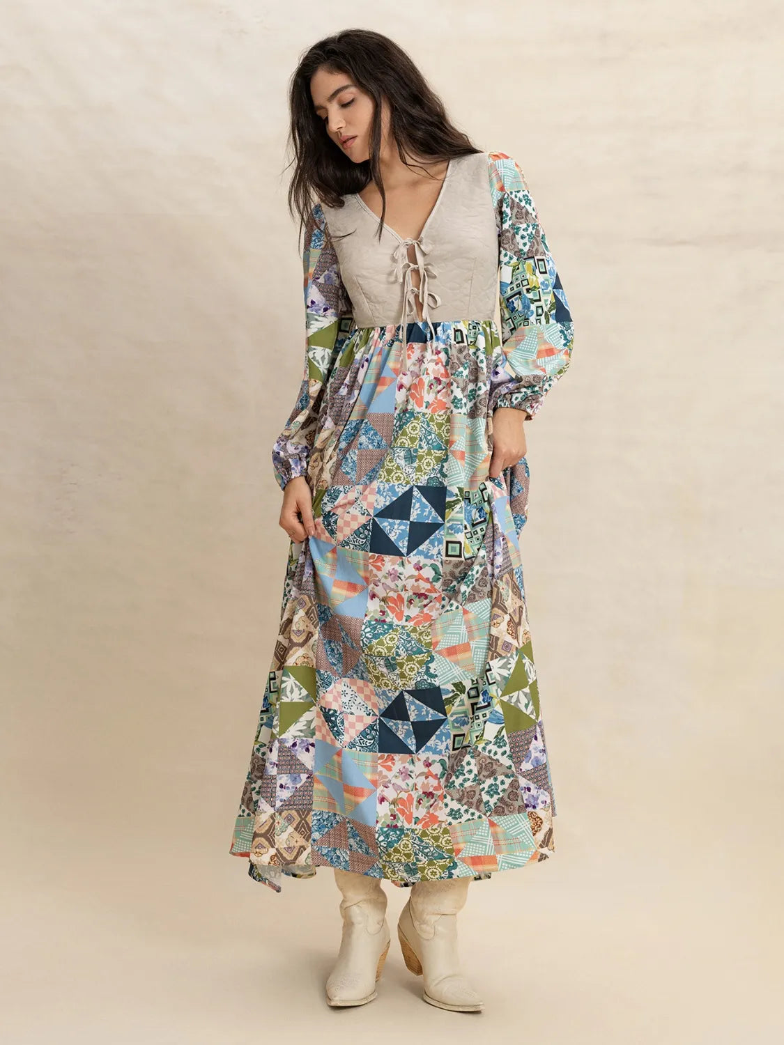 Tied Front Printed Long Sleeve Maxi Dress
