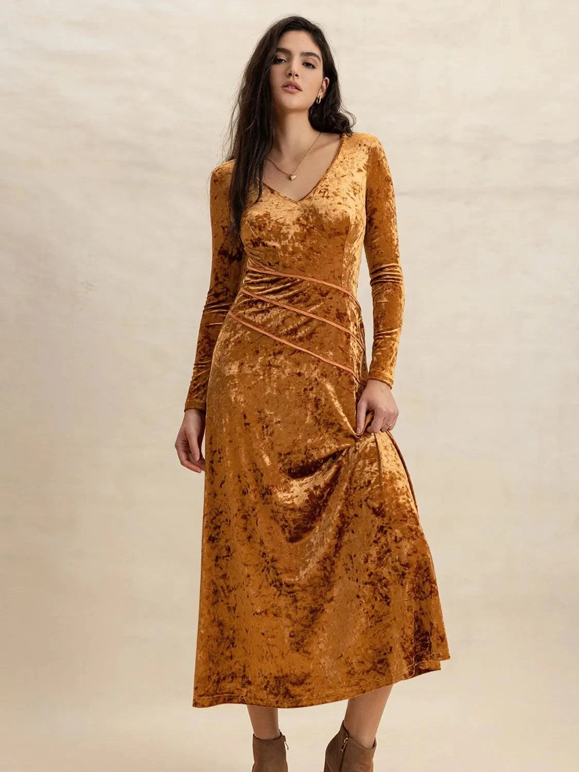 V-Neck Long Sleeve Midi Dress