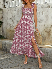 Smocked Slit Printed Tie Shoulder Dress – Flowy, Fresh, and Stylish
