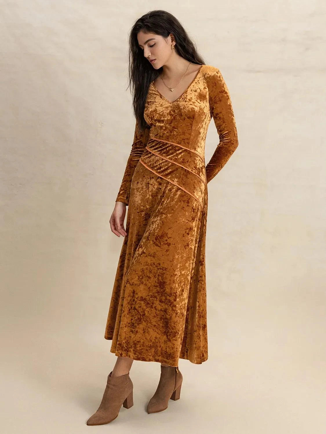 V-Neck Long Sleeve Midi Dress