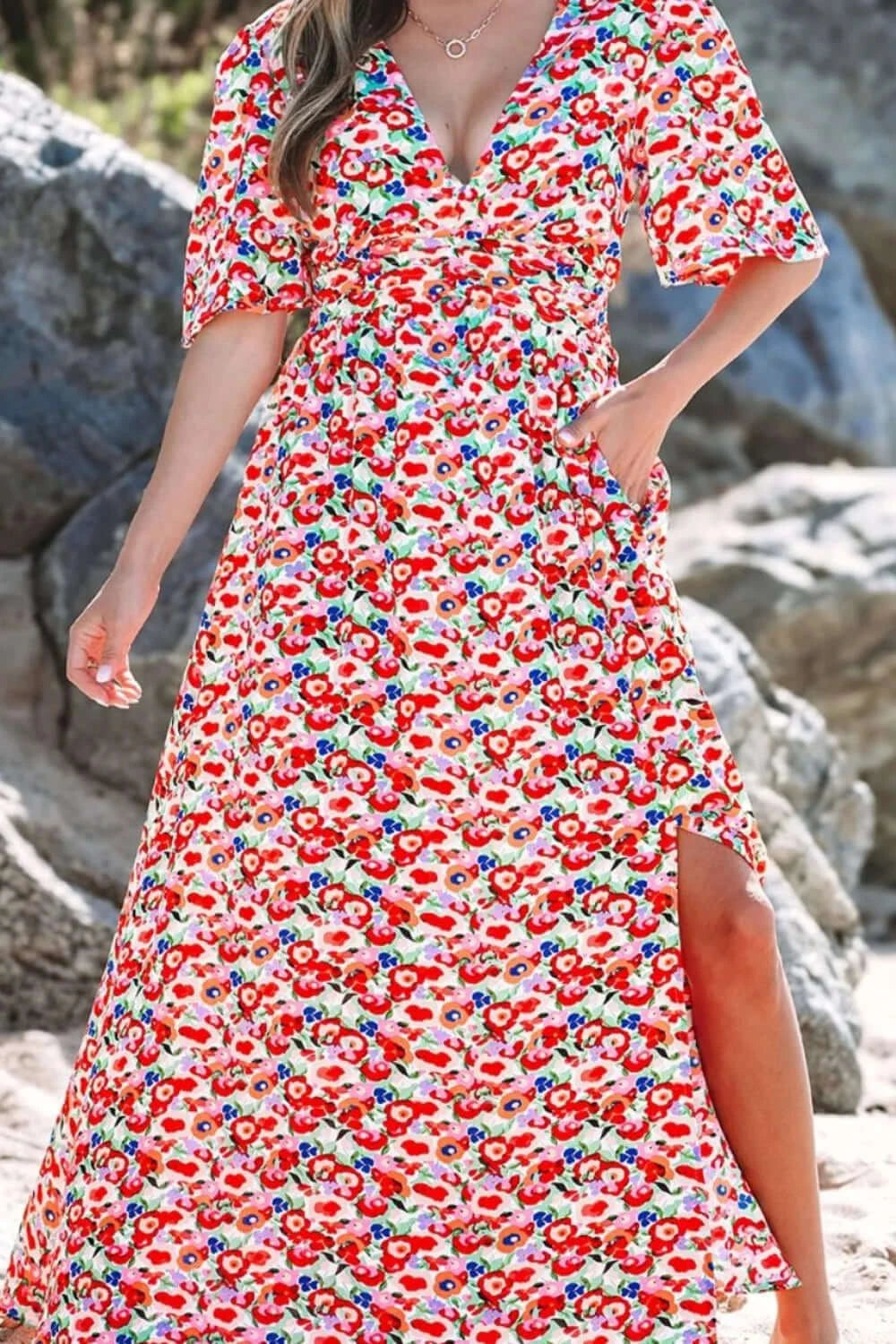 Floral Half Sleeve Deep V Neck Cutout Back Maxi Dress