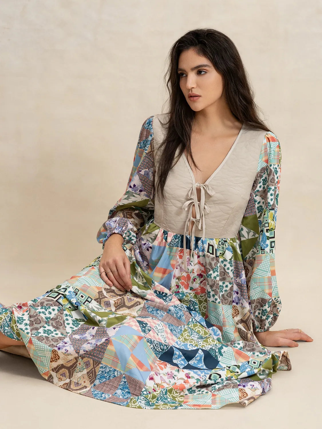 Tied Front Printed Long Sleeve Maxi Dress