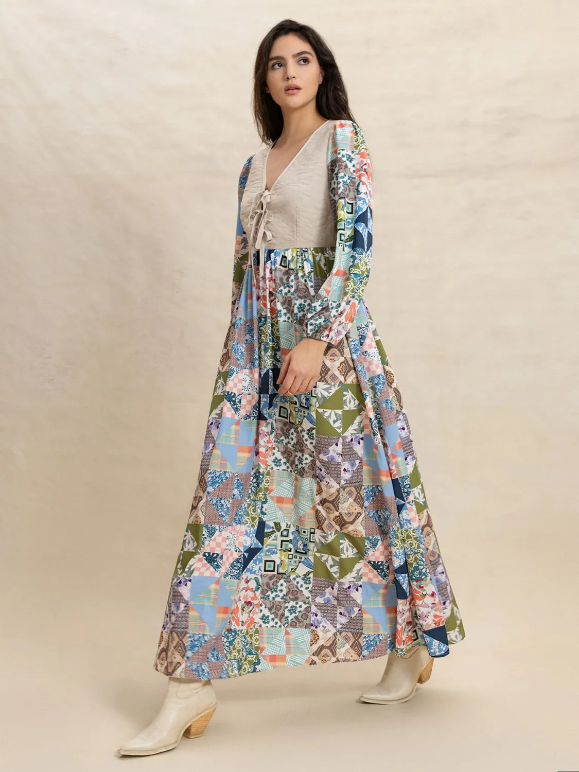 Tied Front Printed Long Sleeve Maxi Dress