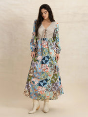 Tied Front Printed Long Sleeve Maxi Dress